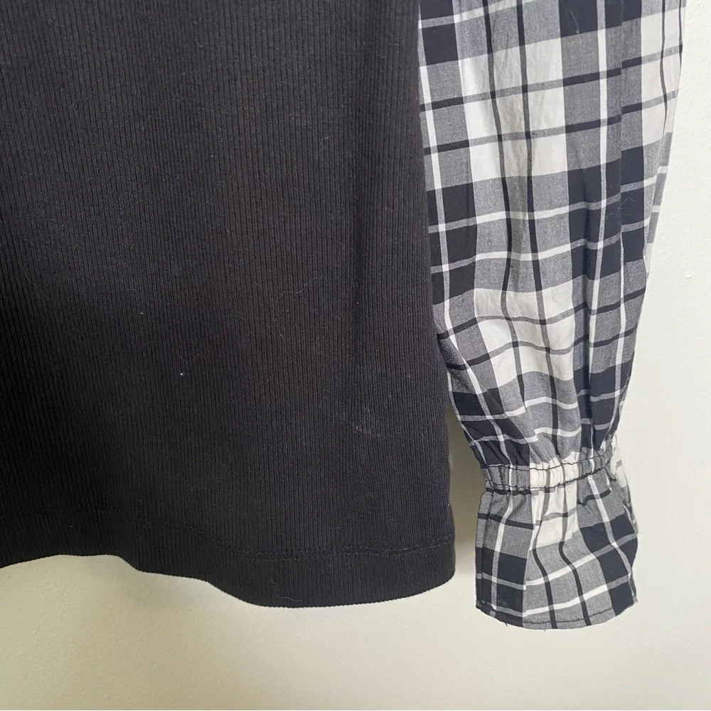 Loft Long Plaid Sleeve Knit Top Black Ivory Sz M